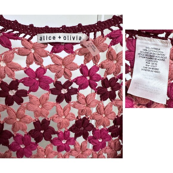 Alice + Olivia Anderson Crochet Cropped Cardigan Sweater Pink Flower Floral M - Picture 3 of 14